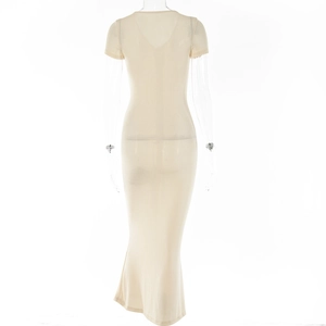 Back view of a beige short sleeve bodycon maxi dress with a mermaid hemline detail