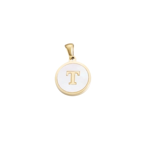 Detailed view of an 18k gold plated round pendant featuring a white shell inlay and letter T