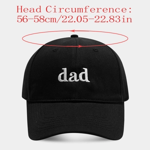 Detail of embroidered 'dad' logo on black baseball cap showing 56-58cm head size measurement