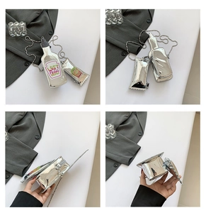 Detailed views of creative silver metallic sauce bottle bag with Lost Sauce lettering