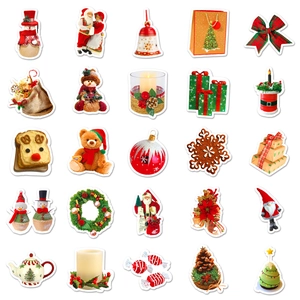 Detailed grid of 25 waterproof Christmas stickers featuring Santa, snowmen and gingerbread