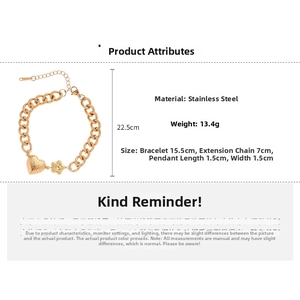 Detailed size specifications for the stainless steel heart and star charm bracelet