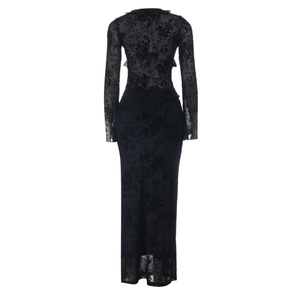 Detail of black long-sleeve dress with floral lace texture and back view design