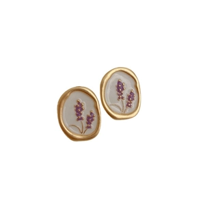 Vintage gold plated oval earrings with white enamel and purple lavender floral pattern