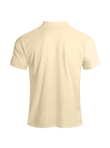 Back view of a plain cream short-sleeved cotton T-shirt with a neat round neckline