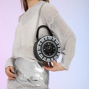 Creative piano keyboard and clock round handbag with top handle and chain strap for women
