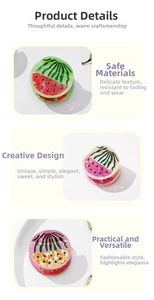 Macro detail of acetate fruit hair claws featuring watermelon and pineapple slice patterns