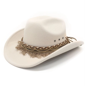 White western cowboy hat with golden chain and tassel trim on white background