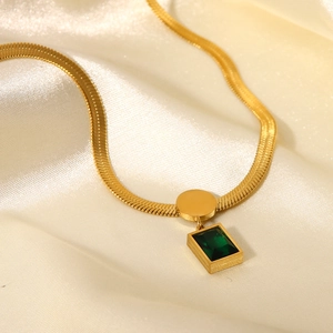 18K gold plated stainless steel snake chain necklace with green zircon square pendant