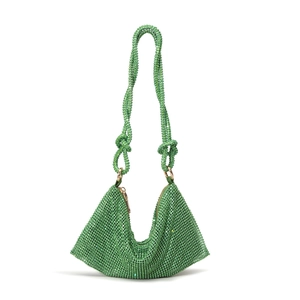 Detailed close-up of grass green rhinestone hobo bag with knotted handle and crystals