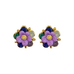 Chic purple crystal flower stud earrings with multicolor beads and gold metal base