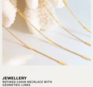 Detailed close-up of a minimalist gold necklace with polished rectangular bar links