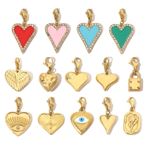 Heart Pendant Charm Stainless Steel Rhinestone Enamel With Lobster Clasp DIY Jewelry Necklace Bracelet Making Retro