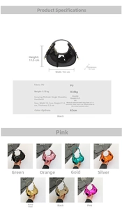 Detailed size specifications and color options for the crescent PU leather handbag