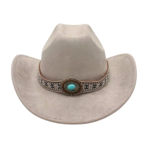 Detail of western cowboy hat featuring ethnic band and turquoise stone ornament