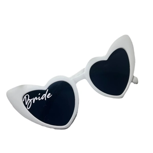 White heart-shaped bride sunglasses with black lenses for wedding and bachelorette party