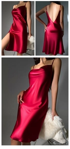 Detail of red satin slip dress featuring high side slit and elegant open back design