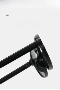 Detail showing the lightweight and super elastic metal hinge of these black sunglasses