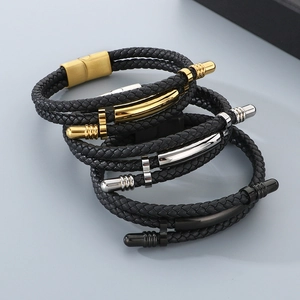 Multi-layer braided leather bracelet for men with gold, silver, and matte black clasps