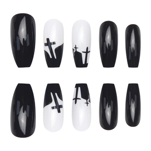 Halloween long coffin press on nails featuring gothic cross and tombstone art in black and white