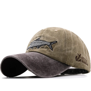 Distressed cotton baseball cap with fish embroidery in khaki and dark brown contrast