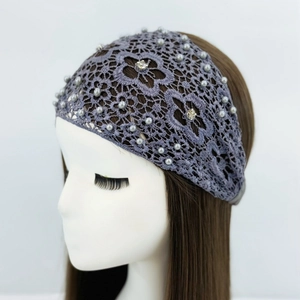 Lace headband with white pearls and rhinestones on wide gray elastic hair band
