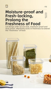 Detail of four airtight food containers with locking lids storing pasta and grains