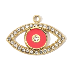 Macro detail of red evil eye charm with sparkling white crystals and gold plating