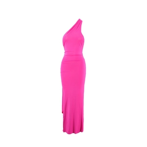 Detail showing hot pink one-shoulder dress with slimming silhouette and elegant floor-length drape