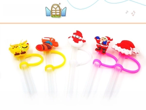 Detailed view of 5 silicone Christmas straw covers featuring reindeer, snowman and Santa designs
