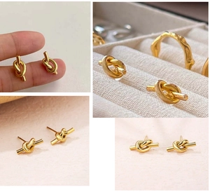 Macro detail of minimalist gold knotted stud earrings in a four-grid jewelry display