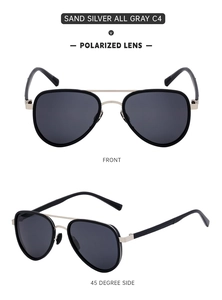 Polarized pilot sunglasses in matte silver frame and grey lenses from two perspectives