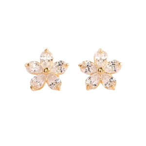 Elegant gold flower stud earrings with white zircon petals on a clean white background