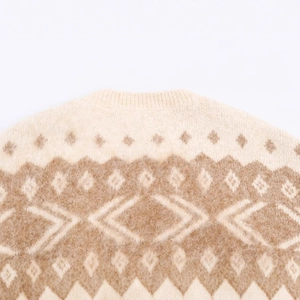 Women's crewneck knit sweater with beige and brown geometric patterns and fuzzy texture