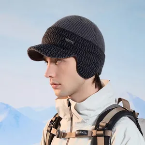 Winter Knit Baseball Cap With Ear Flaps Warm Fleece Lined Windproof Outdoor Cycling Solid Color Peak Hat For Men