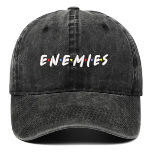 Distressed dark grey washed denim baseball cap with ENEMIES embroidery and colorful dots