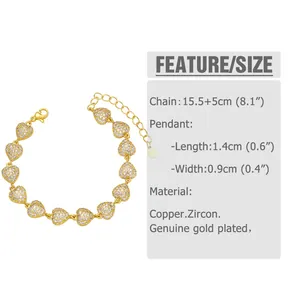 Detailed size chart for the heart pendant bracelet showing chain length and zircon material