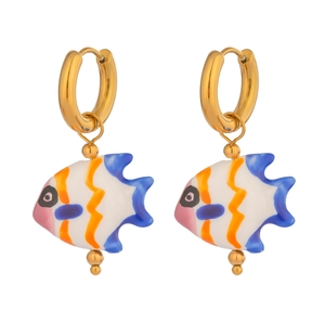 Detailed macro view of colorful ceramic koi fish earrings with gold hoops and beads