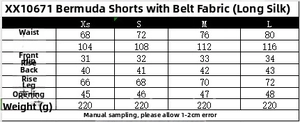 Size chart showing detailed measurements for solid color casual shorts with belt