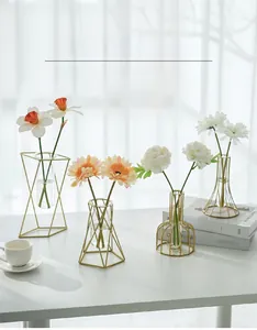 Detail of champagne gold geometric metal vase with glass tube insert on white table