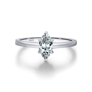 Elegant S925 sterling silver ring with marquise cut moissanite on white background