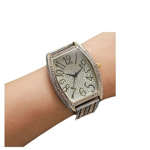 Elegant gold rectangular watch for women fully iced out with sparkling rhinestones
