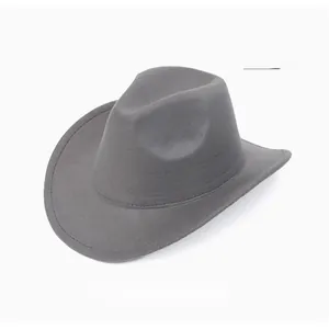 Detailed top view of grey wool felt fedora with a wide brim and classic crown dent