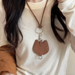Brown leather cat shape charm pendant with silver ring clasp for keys or airtags