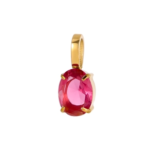 Macro shot of oval pink gemstone pendant in 4-prong gold-plated stainless steel setting