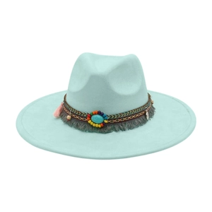 Mint green felt fedora hat with bohemian woven band and turquoise bead decoration
