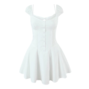 White Mini Dress Puff Sleeve Spaghetti Strap Lace Trim Button Up Sweet Lolita Style Women Summer