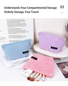 Detailed texture of plush corduroy makeup bags in pastel pink, purple and light blue colors
