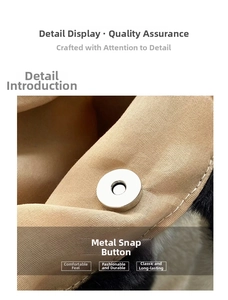 Detail of hardware magnetic clasp on plush tote bag with khaki canvas lining and stitching