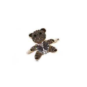 Adjustable gold teddy bear ring featuring a large heart-shaped crystal and zircon stones